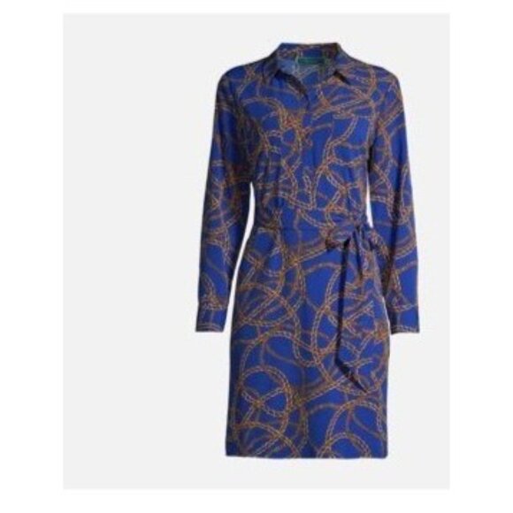 C. Wonder dress Blue Chain Print Long Sleeve tie belt shirtdress size large new - Picture 9 of 9